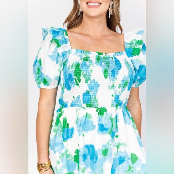 NWT Sugarlips Merrill Blue Floral Tiered Ruffle Smocked Mini Dress Pockets XL - Picture 2 of 9